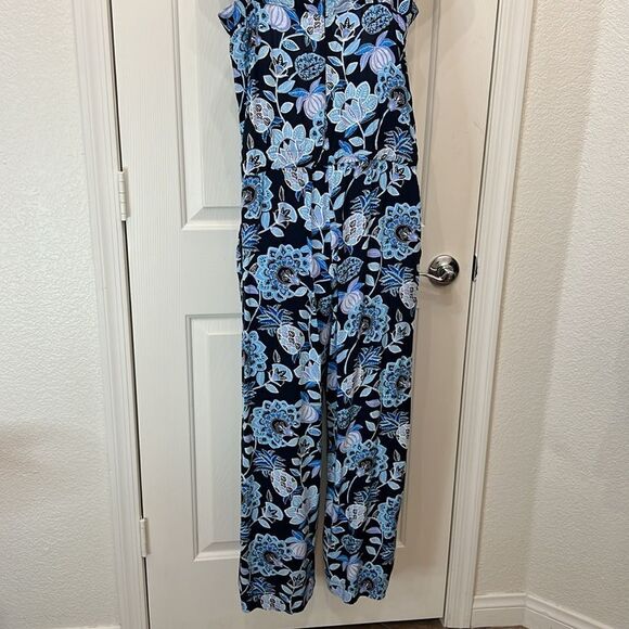 Loft Pant Jumpsuit Sz 6 Black Blue Square Neck Sleeveless Floral Pineapple Rayon - Picture 6 of 11